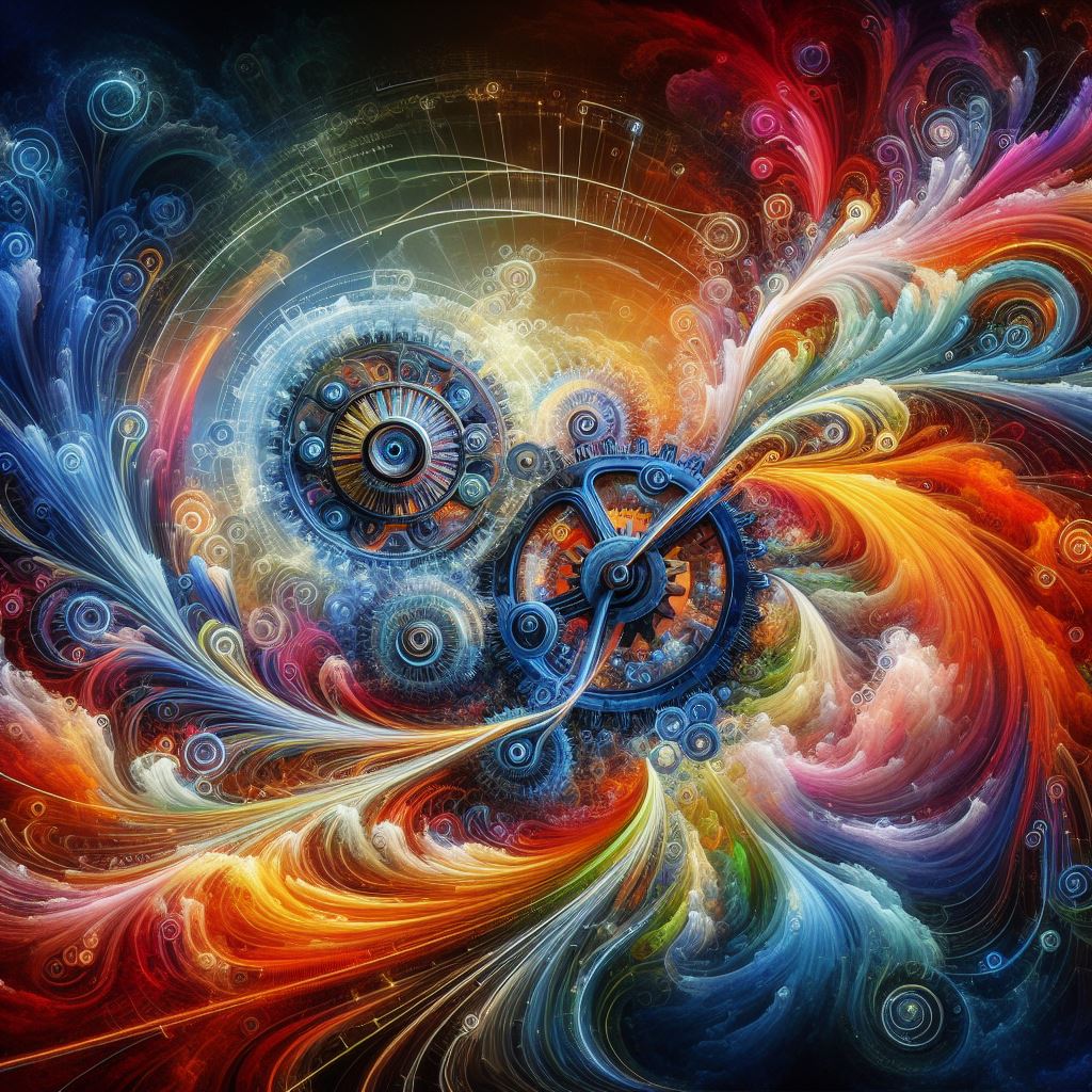 A captivating illustration depicting the convergence of generative AI and prompt engineering, with dynamic swirls of color representing creativity and innovation. In the center, two intertwined gears symbolize the synergy between autonomous creation (Generative AI) and guided instruction (Prompt Engineering)