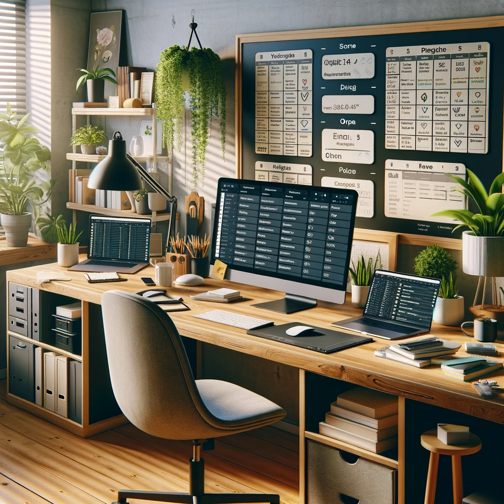 an organized home office tailored for a remote data engineer. It captures the essence of a productive and serene workspace, emphasizing the importance of a dedicated workspace and the utilization of tools for effective time management.
