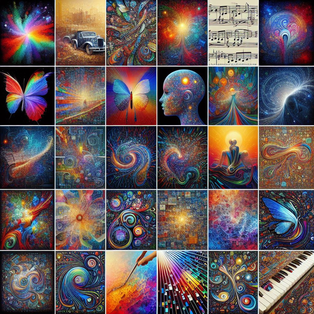 A collage of diverse creations generated by AI, including vivid images, snippets of text, musical notes, and artistic compositions, highlighting the versatility and creativity of generative AI across various domains such as art, literature, music, and design.