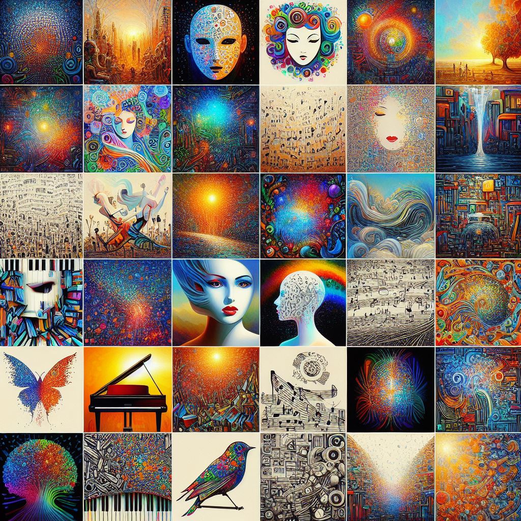 Prompt Engineering Demystified: A collage of diverse creations generated by AI, including vivid images, snippets of text, musical notes, and artistic compositions, highlighting the versatility and creativity of generative AI across various domains such as art, literature, music, and design.