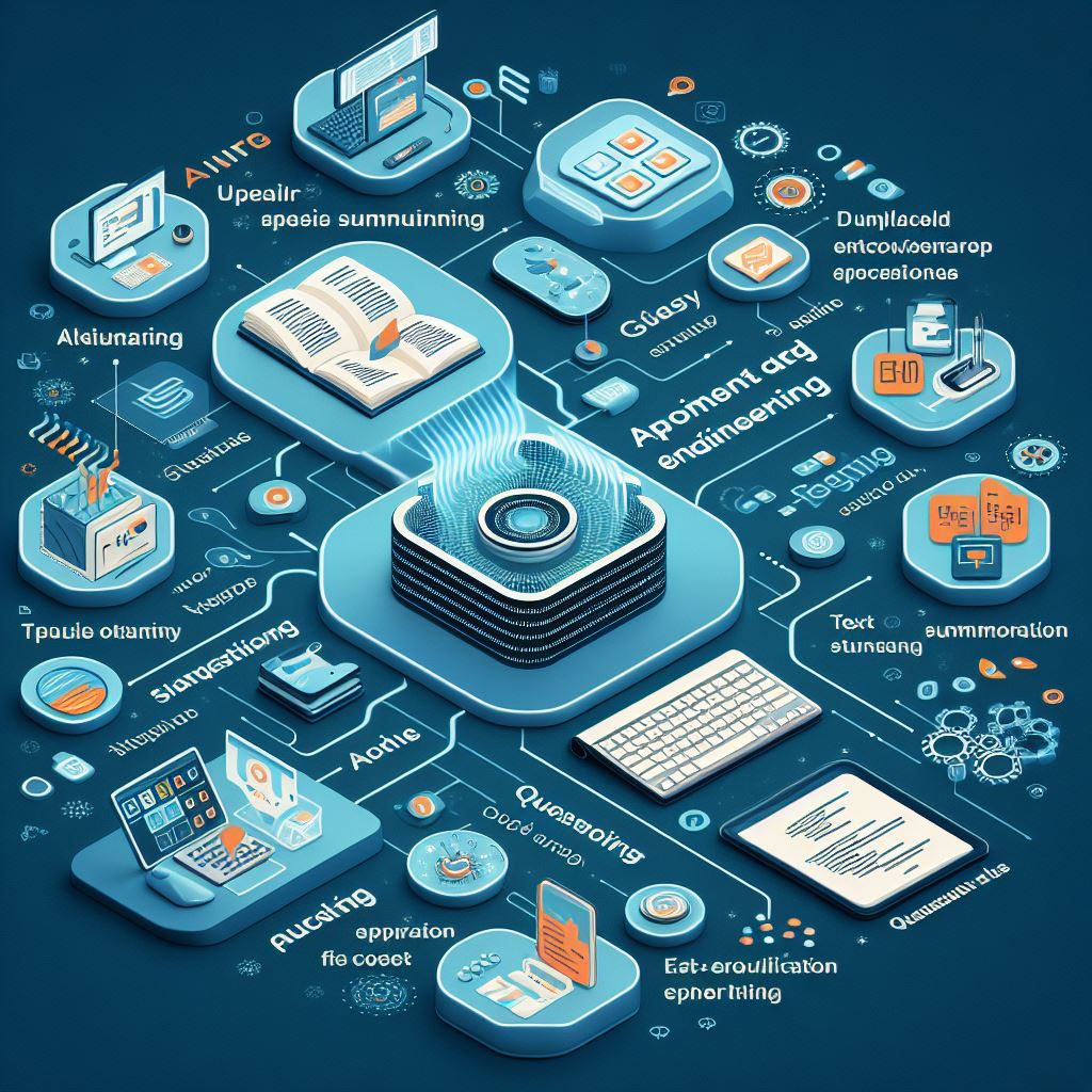 A visualization illustrating the process of prompt engineering, with a user inputting specific prompts or instructions into an AI model, and the model generating tailored outputs in response, representing applications like text summarization, language translation, question answering, and code generation.