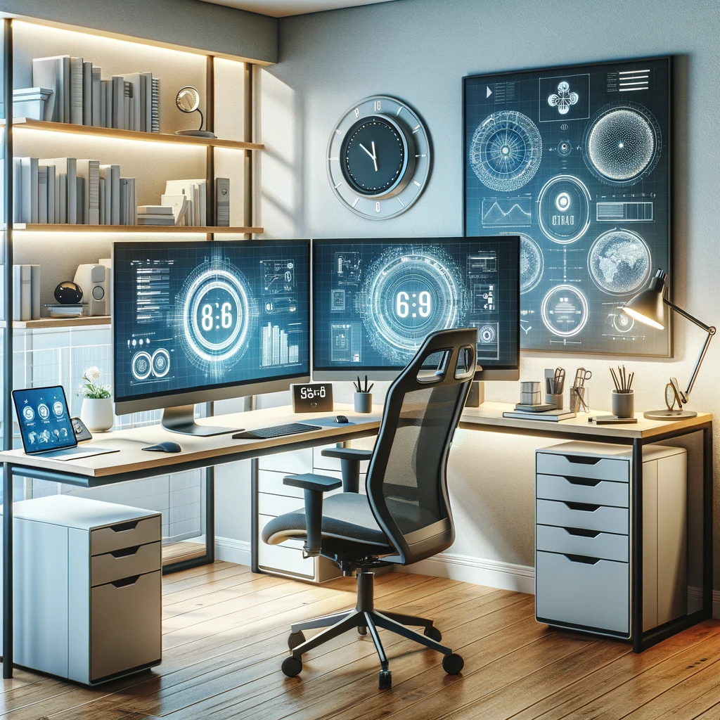 A modern and bright home office setup designed to boost productivity, equipped with the latest technology and organizational tools.