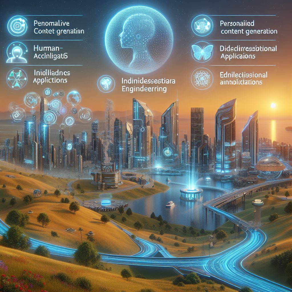 A futuristic landscape with AI-powered technologies seamlessly integrated into everyday life, depicting scenarios like personalized content generation, human-AI collaboration, interdisciplinary applications, and ethical considerations, symbolizing the evolving trends and implications of generative AI and prompt engineering.