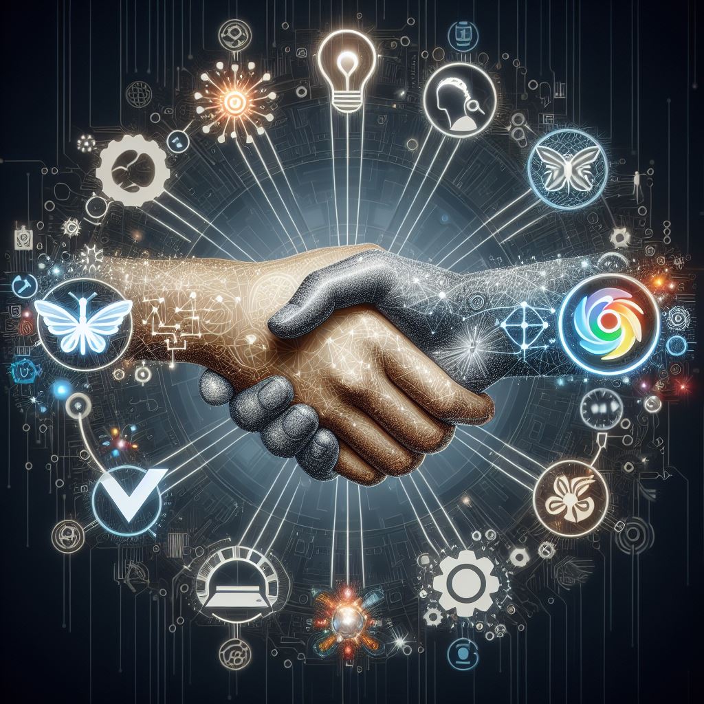 An image of hands clasped together, representing the collaboration between humans and AI, surrounded by symbols of creativity, innovation, and ethical responsibility, signifying the harmonious partnership between humans and machines in shaping the future of AI-driven innovation.