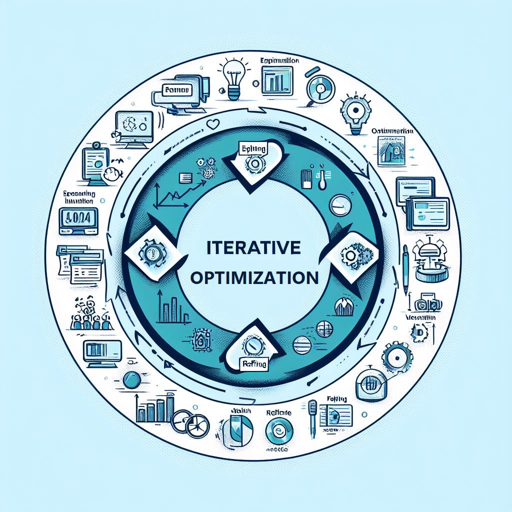 Prompt Engineering: Strategies: Iterative Optimization: Graphic displaying a cycle of experimentation, analysis, and refinement, symbolizing the iterative optimization process in prompt engineering. Arrows indicate the continuous loop of testing, analyzing outputs, and refining prompt designs.